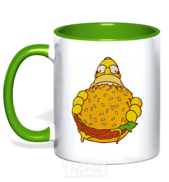 Mug with a colored handle Homer's eating a burger kelly-green фото