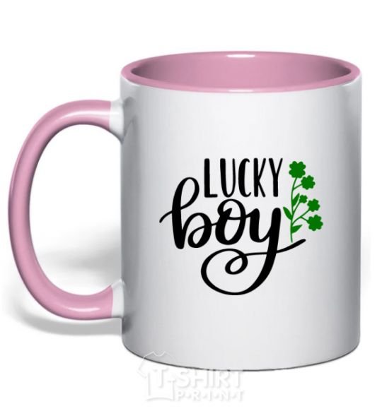 Mug with a colored handle Lucky boy light-pink фото