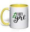 Mug with a colored handle Lucky girl yellow фото