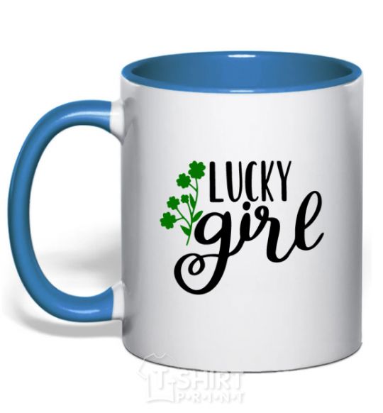 Mug with a colored handle Lucky girl royal-blue фото