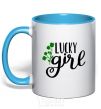 Mug with a colored handle Lucky girl sky-blue фото