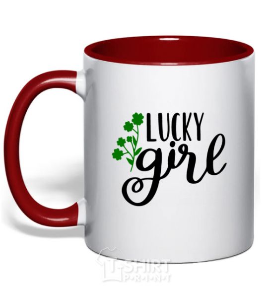 Mug with a colored handle Lucky girl red фото