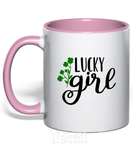 Mug with a colored handle Lucky girl light-pink фото