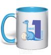 Mug with a colored handle I'm a 1-year-old dinosaur sky-blue фото