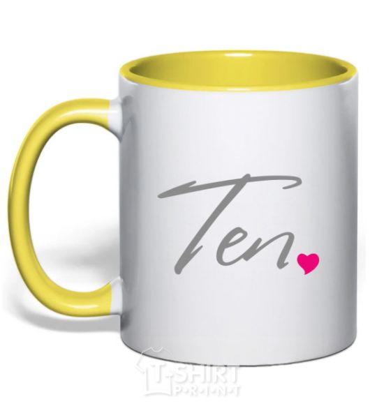 Mug with a colored handle Ten heart yellow фото