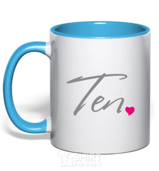 Mug with a colored handle Ten heart sky-blue фото