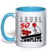 Mug with a colored handle Player Level 50 complete sky-blue фото