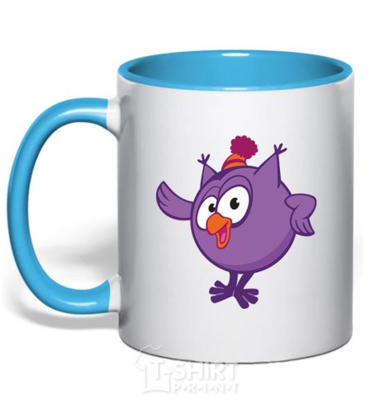 Mug with a colored handle Owl sky-blue фото