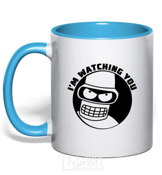 Mug with a colored handle Bender i'm watching you sky-blue фото