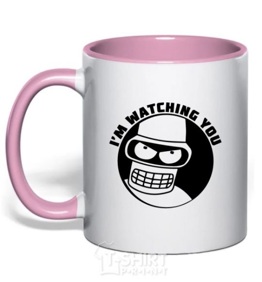 Mug with a colored handle Bender i'm watching you light-pink фото