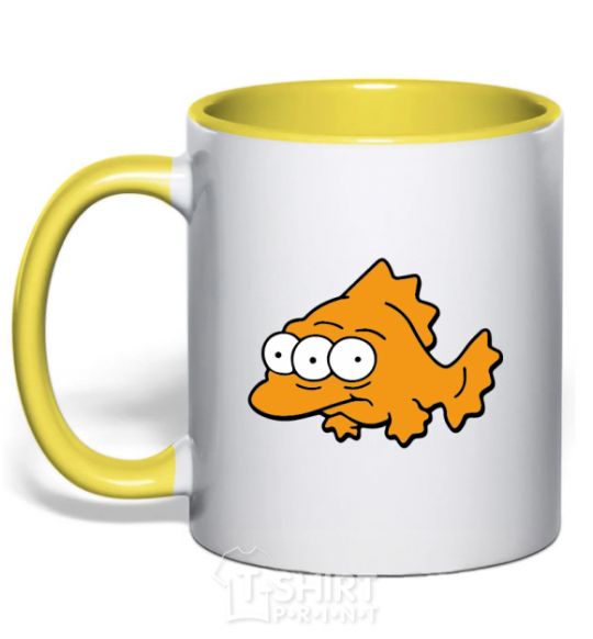 Mug with a colored handle Three-eyed fish yellow фото