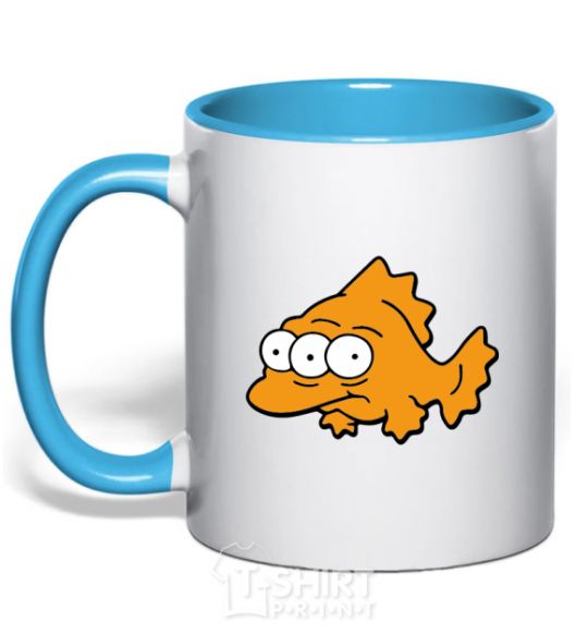 Mug with a colored handle Three-eyed fish sky-blue фото