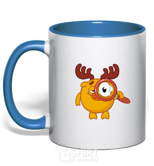 Mug with a colored handle Moose with a magnifying glass royal-blue фото