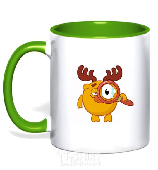 Mug with a colored handle Moose with a magnifying glass kelly-green фото