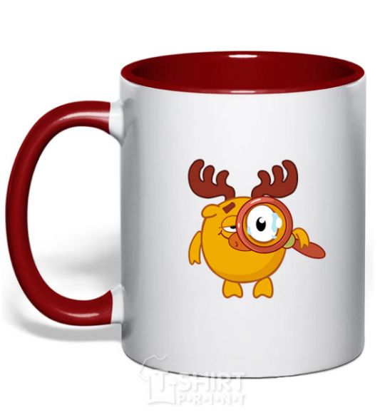Mug with a colored handle Moose with a magnifying glass red фото