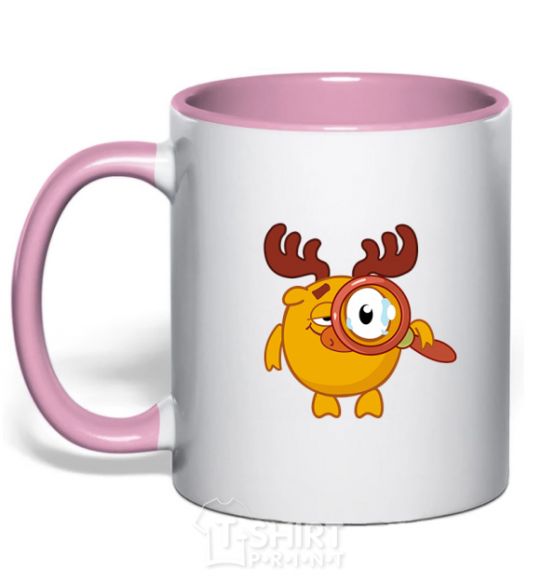 Mug with a colored handle Moose with a magnifying glass light-pink фото