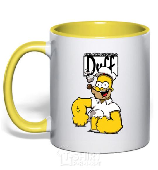 Mug with a colored handle Beer makes you strong yellow фото