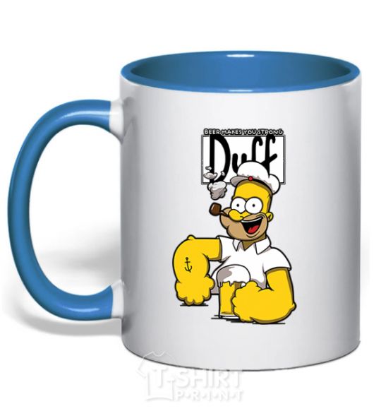 Mug with a colored handle Beer makes you strong royal-blue фото