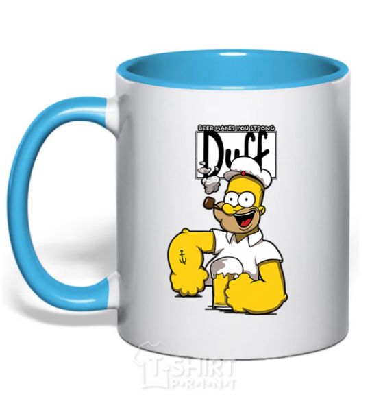 Mug with a colored handle Beer makes you strong sky-blue фото