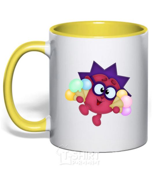 Mug with a colored handle Hedgehog with ice cream yellow фото