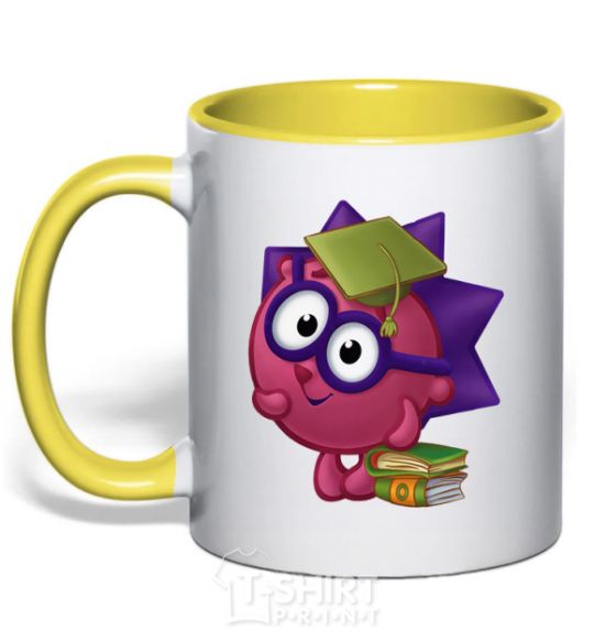 Mug with a colored handle Hedgehog and books yellow фото