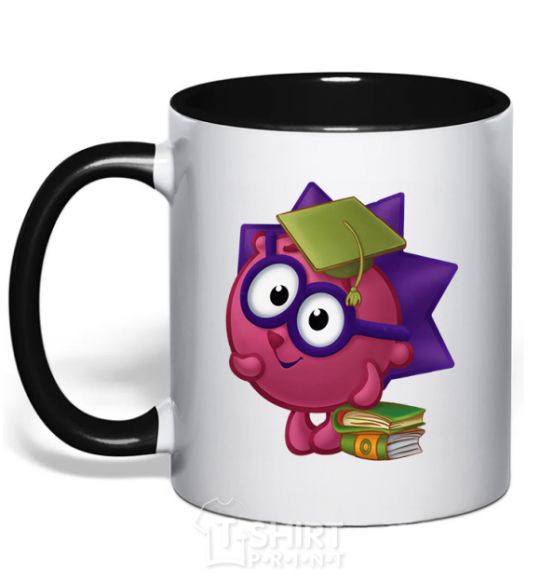 Mug with a colored handle Hedgehog and books black фото