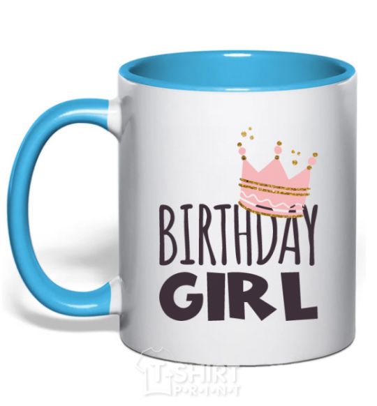 Mug with a colored handle Birthday girl crown sky-blue фото