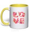 Mug with a colored handle LOVE flowers yellow фото