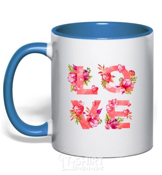 Mug with a colored handle LOVE flowers royal-blue фото