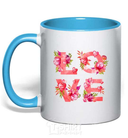 Mug with a colored handle LOVE flowers sky-blue фото