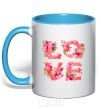 Mug with a colored handle LOVE flowers sky-blue фото