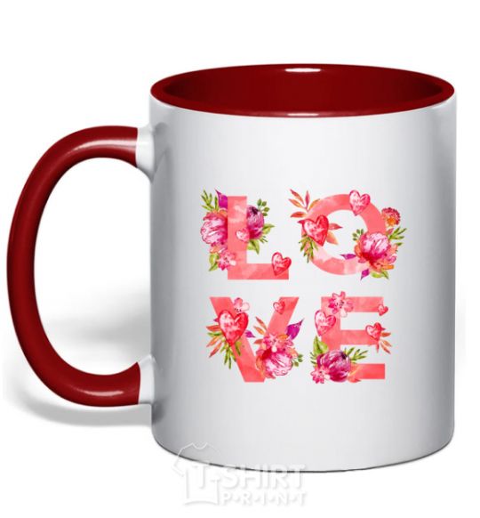 Mug with a colored handle LOVE flowers red фото