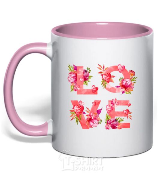 Mug with a colored handle LOVE flowers light-pink фото