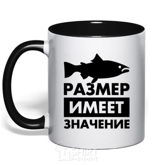 Mug with a colored handle Size matters fish black фото