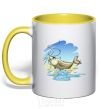 Mug with a colored handle Fishing on a hook yellow фото