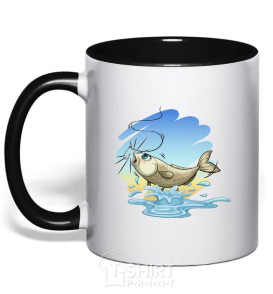 Mug with a colored handle Fishing on a hook black фото