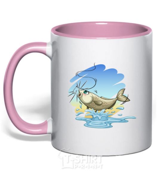 Mug with a colored handle Fishing on a hook light-pink фото