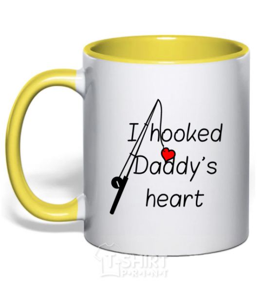 Mug with a colored handle I hooked daddy's heart yellow фото