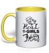 Mug with a colored handle Real girls fishing yellow фото