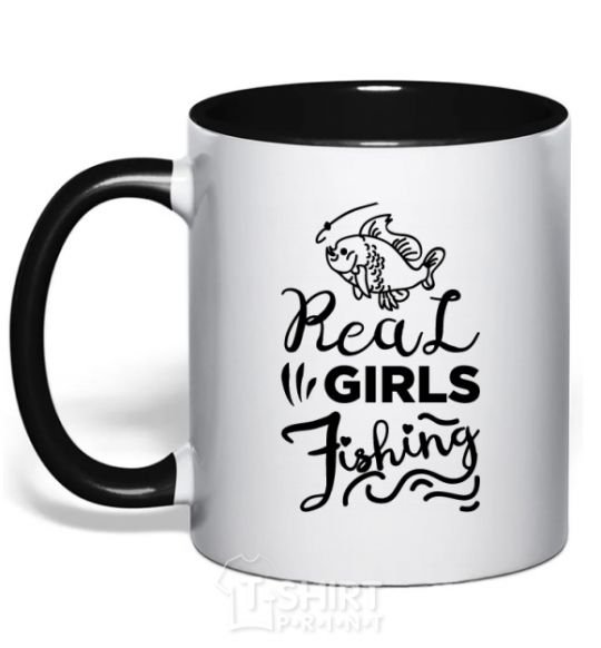 Mug with a colored handle Real girls fishing black фото