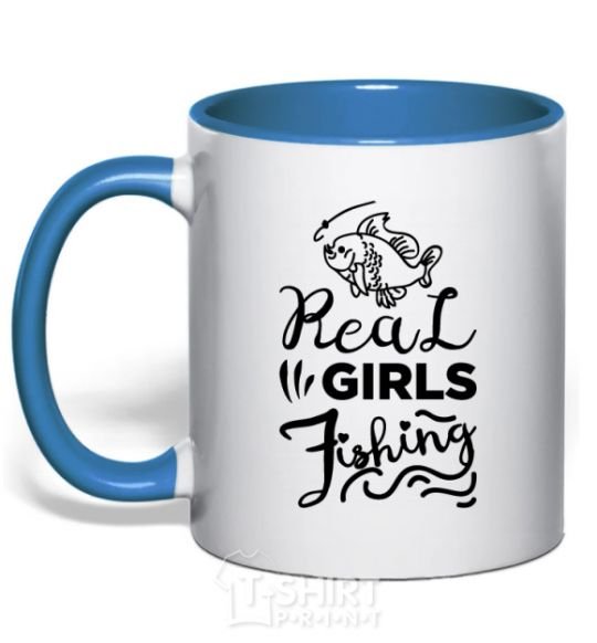 Mug with a colored handle Real girls fishing royal-blue фото