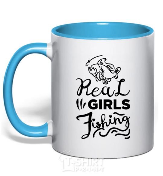 Mug with a colored handle Real girls fishing sky-blue фото