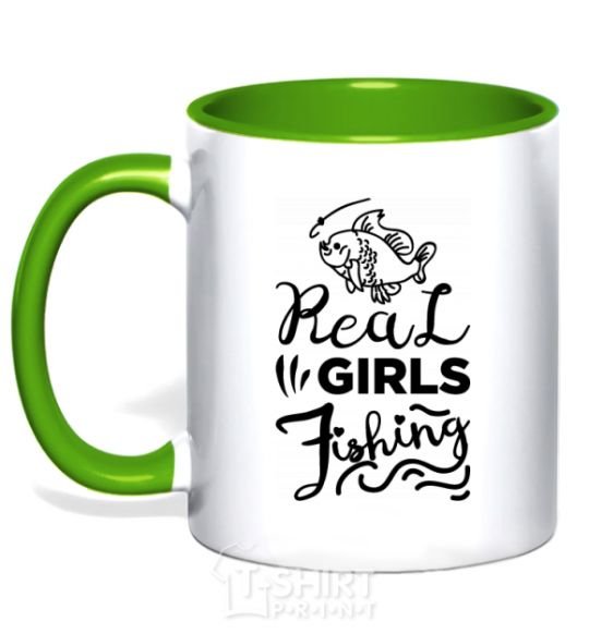 Mug with a colored handle Real girls fishing kelly-green фото