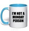 Mug with a colored handle I'm not a monday person sky-blue фото
