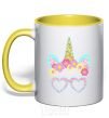 Mug with a colored handle Unicorn in glasses yellow фото