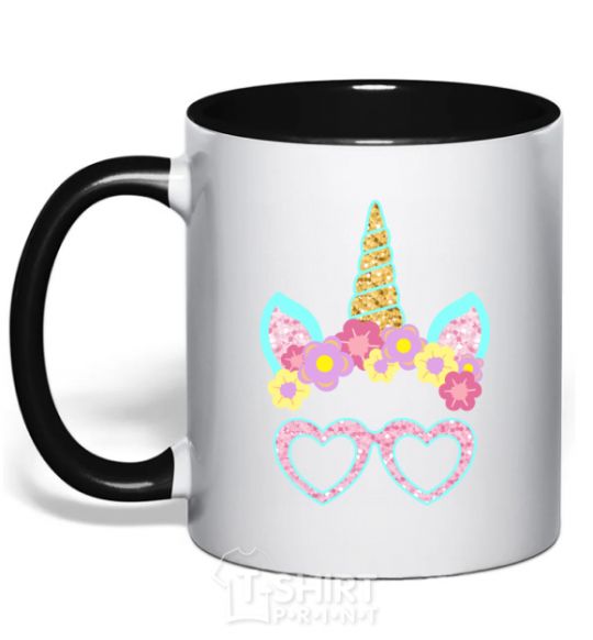 Mug with a colored handle Unicorn in glasses black фото
