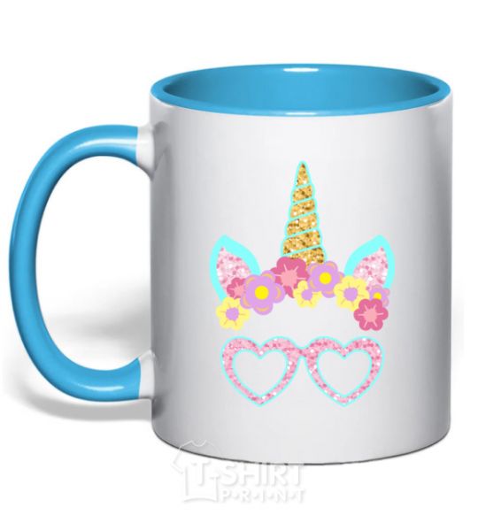 Mug with a colored handle Unicorn in glasses sky-blue фото