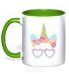 Mug with a colored handle Unicorn in glasses kelly-green фото