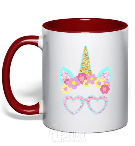 Mug with a colored handle Unicorn in glasses red фото
