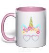 Mug with a colored handle Unicorn in glasses light-pink фото